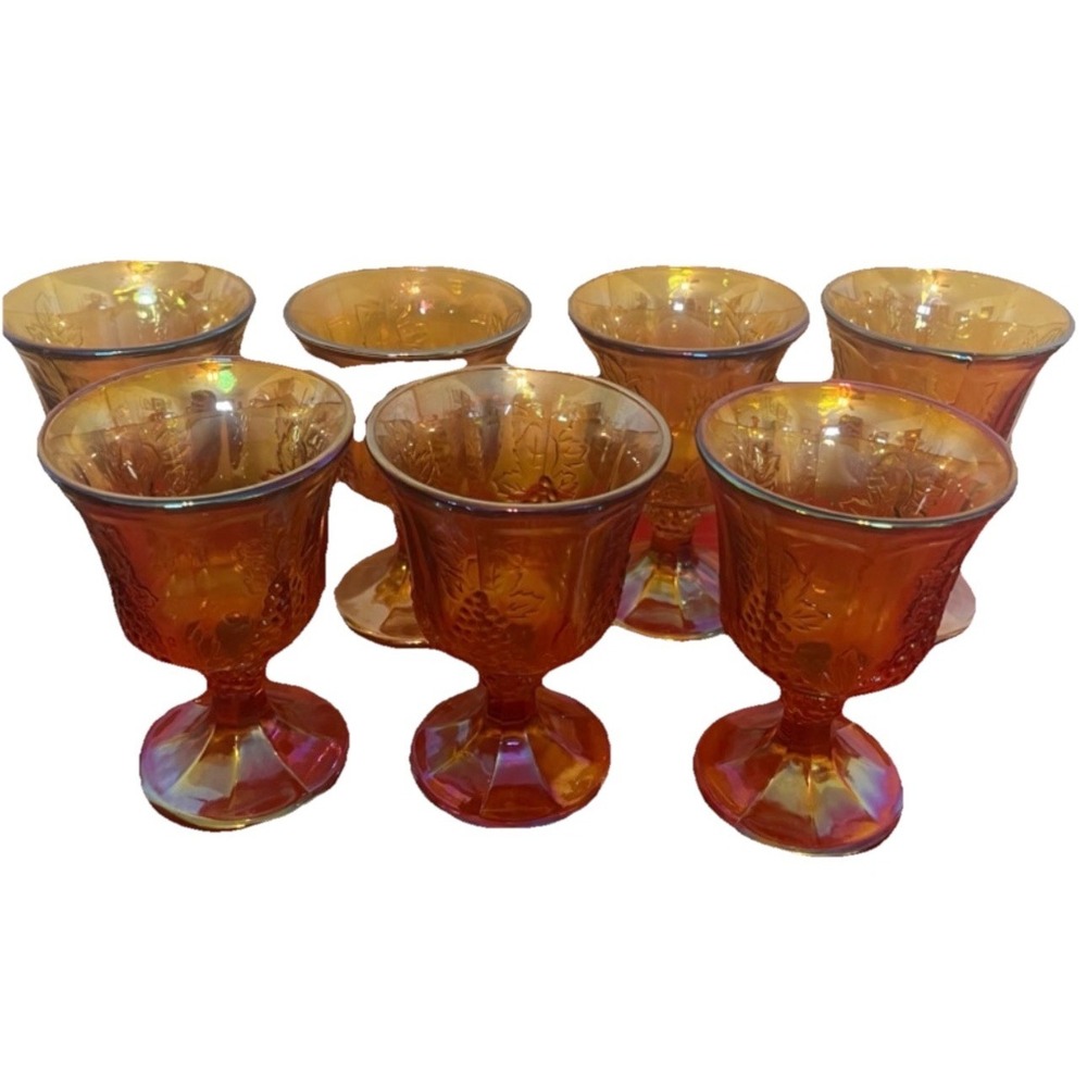 Indiana Carnival Glass Harvest Grape Iridescent Amber Gold Goblet Lot of 7